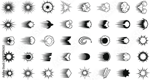 Collection of dynamic comic book style explosion and motion effect graphics