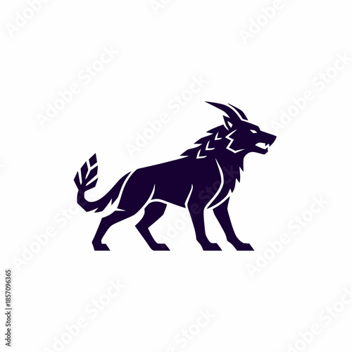 Stylized Silhouette of a Fierce Wolf with Horns and Spiky Mane.