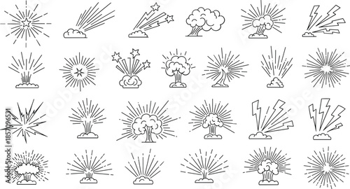 Collection of dynamic explosion and lightning icons in a modern line art style for commercial use