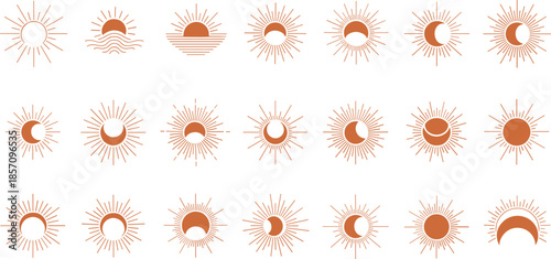 Collection of minimalist sun and moon icons in orange