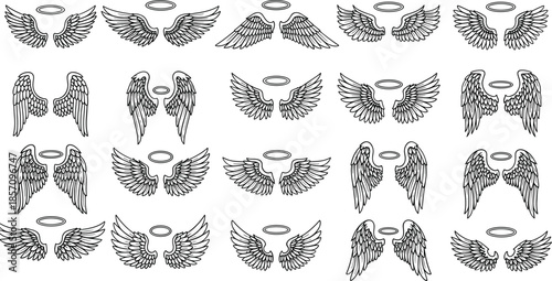 Collection of various angel wings with halos illustrations