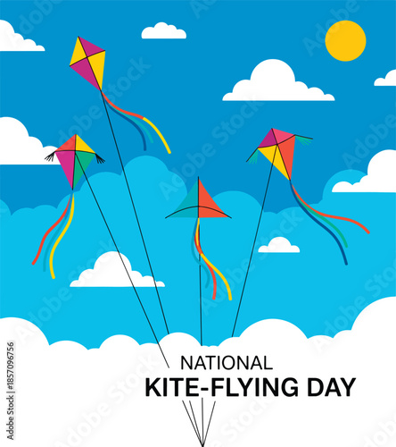 Celebrate National Kite Flying Day with vibrant kites soaring in a sunny sky