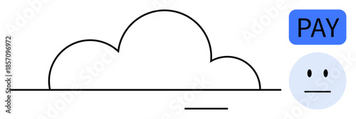 Cloud computing, digital payments, e-commerce, data storage, user interaction, online services. A cloud icon, pay button and user face symbol. Cloud computing and digital payment concept