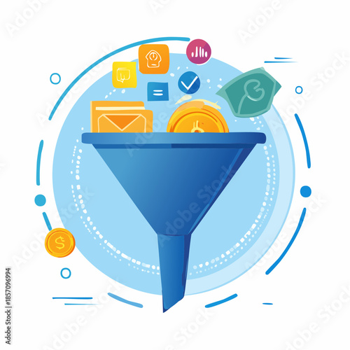 Sales funnel concept illustration for lead generation and customer acquisition with marketing icons and coins