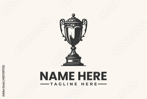 A black and white illustration of a trophy cup with handles and a lid, placed above a customizable text area with a tagline on a beige background, featuring a vector logo design.