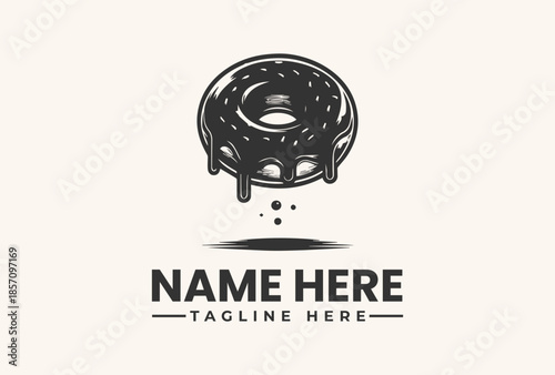 A black and white vector illustration of a chocolate frosted donut with a placeholder name and tagline on a clean background, featuring a logo and icon design.