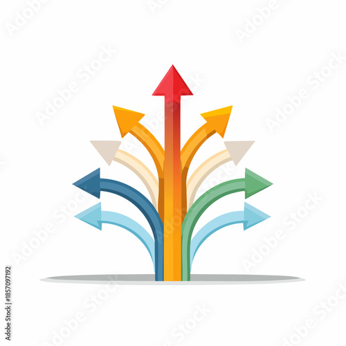 Multiple arrows pointing upwards representing growth, progress, and divergent paths leading to a common goal, emphasizing teamwork and shared ambition