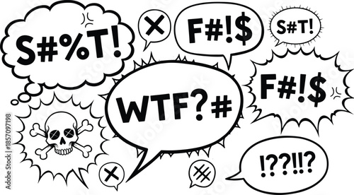 Comical speech bubbles with swear words and skull