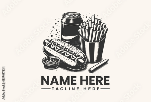 Black and white illustration of a hot dog, soda can, fries, and condiments with a placeholder name and tagline against a clean background.