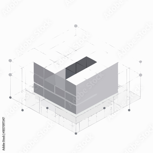 Isometric 3D abstract cube building block design with network nodes and connected dots symbolizing technology and data