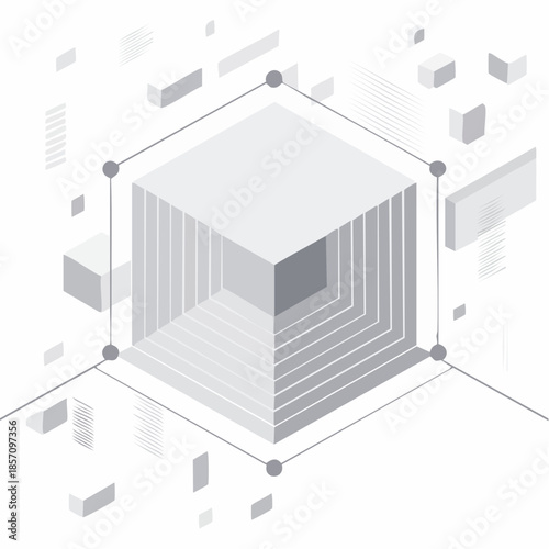 Abstract Isometric Geometric Graphic Design with Central Cube Representing Technological Data and Modern Architectural Frameworks for Innovation Concepts