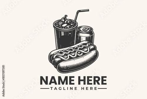 A black and white illustration of a hot dog, soda cup with straw, and salt shaker on a beige background with space for a logo and tagline.