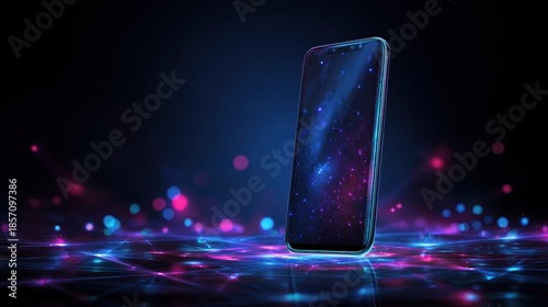 Smartphone on technology background. Neon glowing mobile phone on abstract dark background. Futuristic network connection