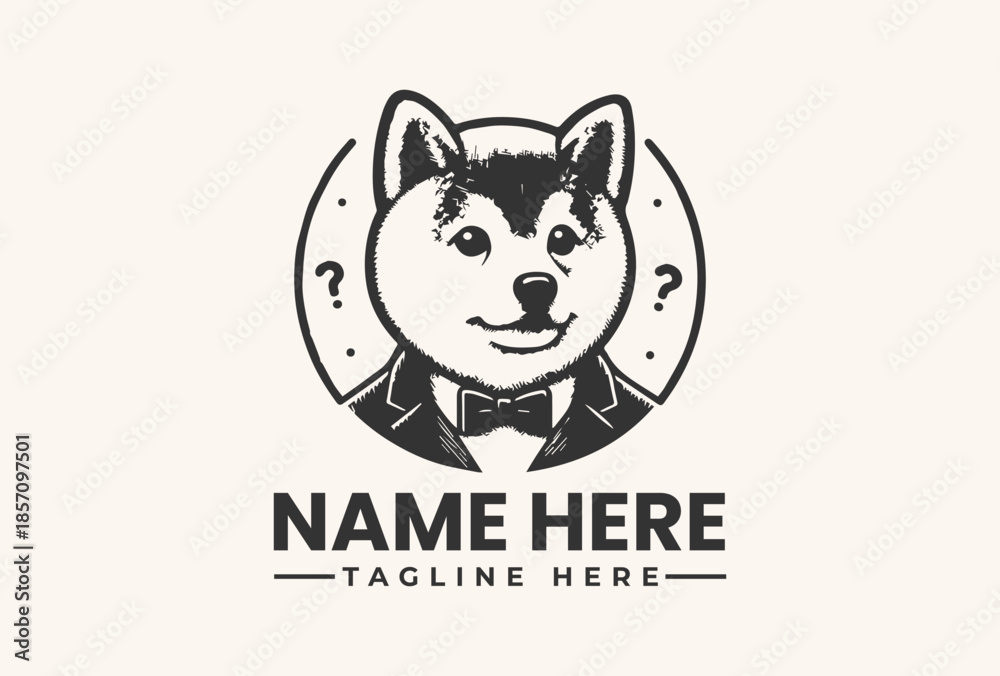 Fototapeta premium A black and white illustration of a dog's head in a suit with a bow tie, surrounded by a circle with question marks on a beige background, featuring placeholder text for a name and tagline.