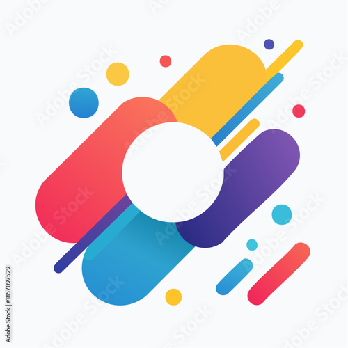 Vibrant abstract design with dynamic overlapping geometric shapes and colorful rounded lines, creating a modern and energetic visual background with a central negative space