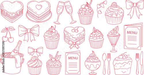 Delicious desserts and romantic table settings illustrations