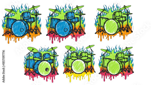 Drum kit sticker set with blue and green drums on fire and flame background vector