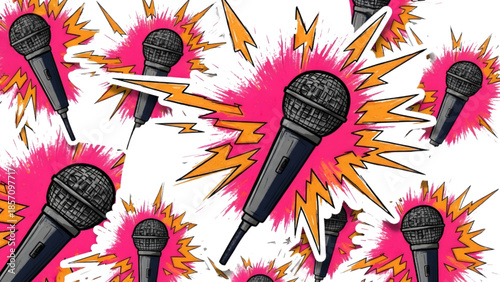 Microphone sticker pattern with lightning bolts and pop art explosive elements vector