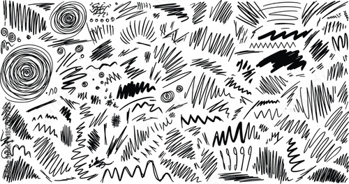 Dynamic abstract doodle art with black lines and shapes on white background