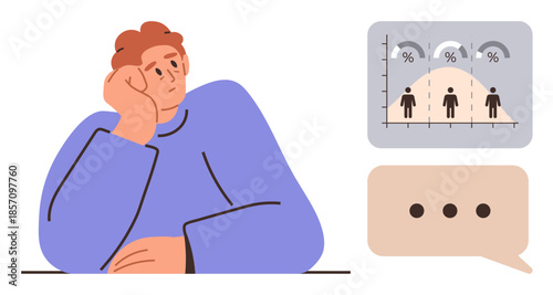Thinking person looking at statistical graph with percentages and visuals of people. Ideal for analysis, strategy, decision-making, psychology, contemplation, brainstorming, productivity. Flat
