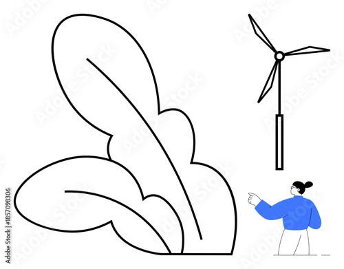 Renewable energy, green technology, ecological balance, nature conservation, sustainability, environmental awareness. Minimalistic ion of leaves, wind turbine person pointing. Renewable energy