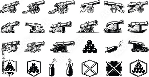 Historic cannons and ammunition symbols in black and white