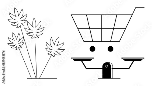 Retail analytics, cannabis trade, consumer behavior, product balance, ecommerce, legal industry. A stylized shopping cart with scale and cannabis leaves. Retail analytics and cannabis trade concept