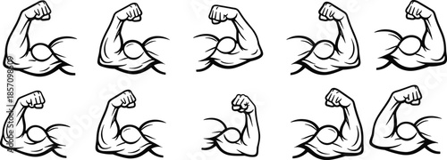 Muscular arms in various flexed poses for strength and power