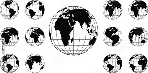 Multiple black and white globes with grid lines on white background