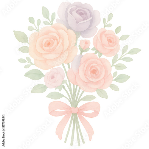 Radiant Floral Bouquet: A delicate watercolor arrangement of pastel roses and verdant leaves, tied with a soft ribbon, exuding elegance and grace. 