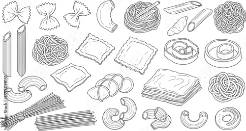 Variety of pasta shapes and kitchen utensils for cooking