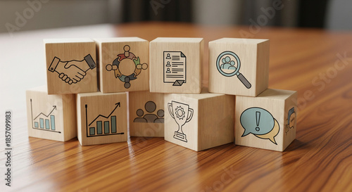 Stack of wooden cubes with business icons representing strategy, teamwork, growth, and achievement on a wooden table