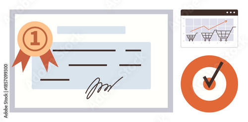 Award certificate with number one badge, graph showing online sales growth, and target with checkmark. Ideal for achievement, success, goals, business growth, certification, performance online
