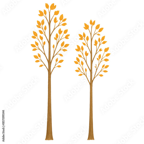 Autumnal Trees: Two stylized trees in autumn colors stand tall, their branches adorned with golden leaves, creating a sense of seasonal beauty and the changing of times.