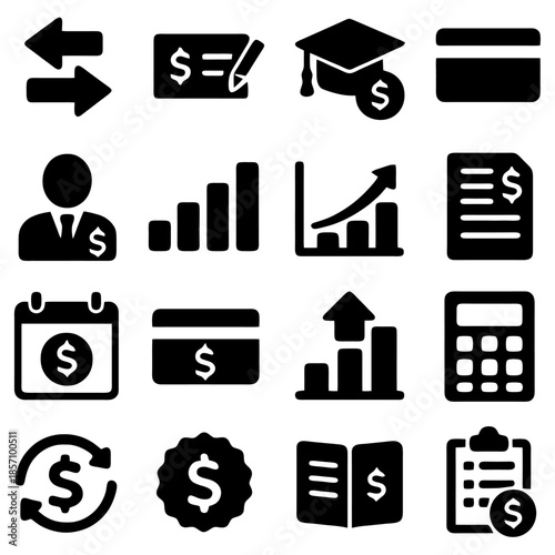 Financial Icon Set: A comprehensive collection of financial icons, symbolizing various aspects of finance, including transactions, education, and investment, presented in a clean, minimalist style.