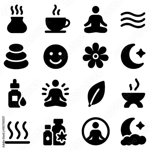 Mindfulness and Relaxation Icons: A set of tranquil icons representing mindfulness, relaxation, and serenity, ideal for design concepts related to wellness and mental well-being. 