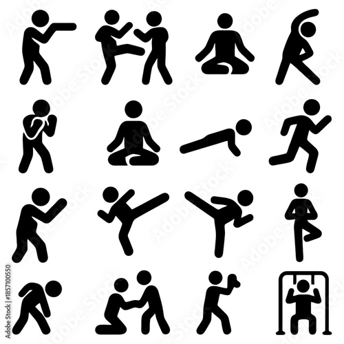 Pictogram of Diverse Activities: Showcasing a range of activities through simple yet dynamic pictograms, inviting viewers to explore the many facets of movement and well-being.