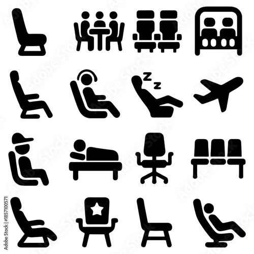 Seat Icon Collection: A meticulously curated collection of various seating arrangements, presented as crisp black icons on a soft background, representing diverse sitting, relaxation.