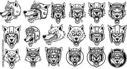 Wolf heads wearing helmets and goggles in various aggressive poses