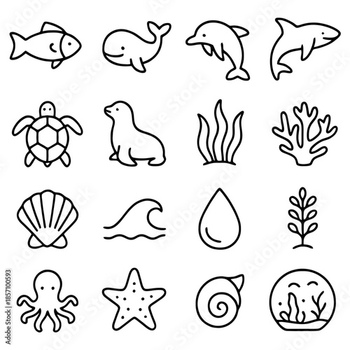 Marine life icons set: a delightful collection of icons with a variety of aquatic creature. each icon represents a unique element of the marine world