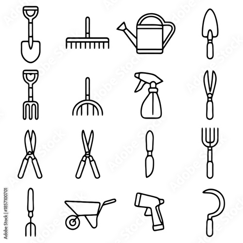 Gardening Tools Set: A collection of various gardening tools, illustrating their design and application for various gardening tasks. 