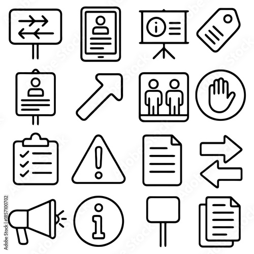 Set of Communication Icons: A curated collection of essential communication and information symbols. Includes directions, info, signs, and more. Ideal for user interfaces and presentations.