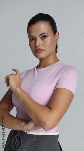 Studio model with stylish attire, Professional fashion photography capturing confident fullbody