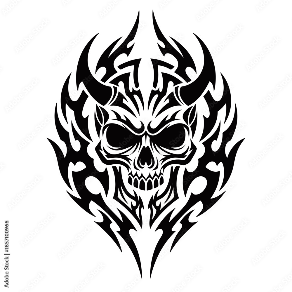 Fototapeta premium Stylized black and white tribal skull design with horns and intricate flame patterns, creating a fierce and demonic aesthetic.