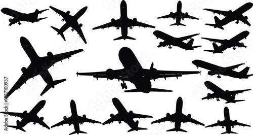 Collection of airplane silhouettes in various flight positions