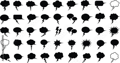 Collection of black comic speech bubbles and icons on white