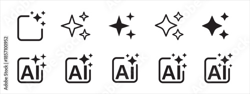 AI spark icon set. Artificial intelligence symbol with sparkle effect. Generative AI magic icons. Smart technology creation sign. Futuristic AI feature icons for app UI UX.