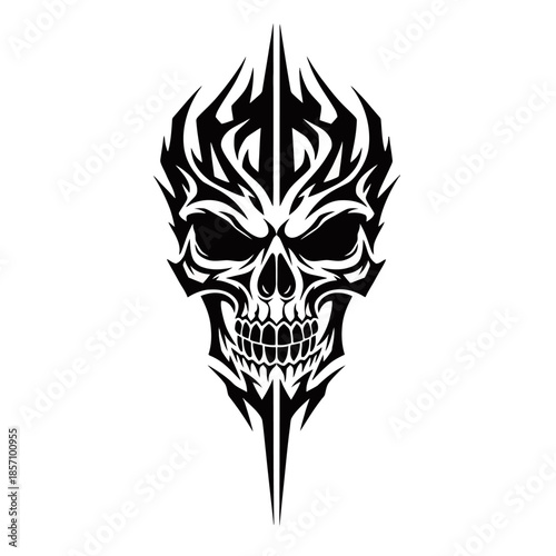 Stylized black and white tribal skull design with aggressive features and sharp details.