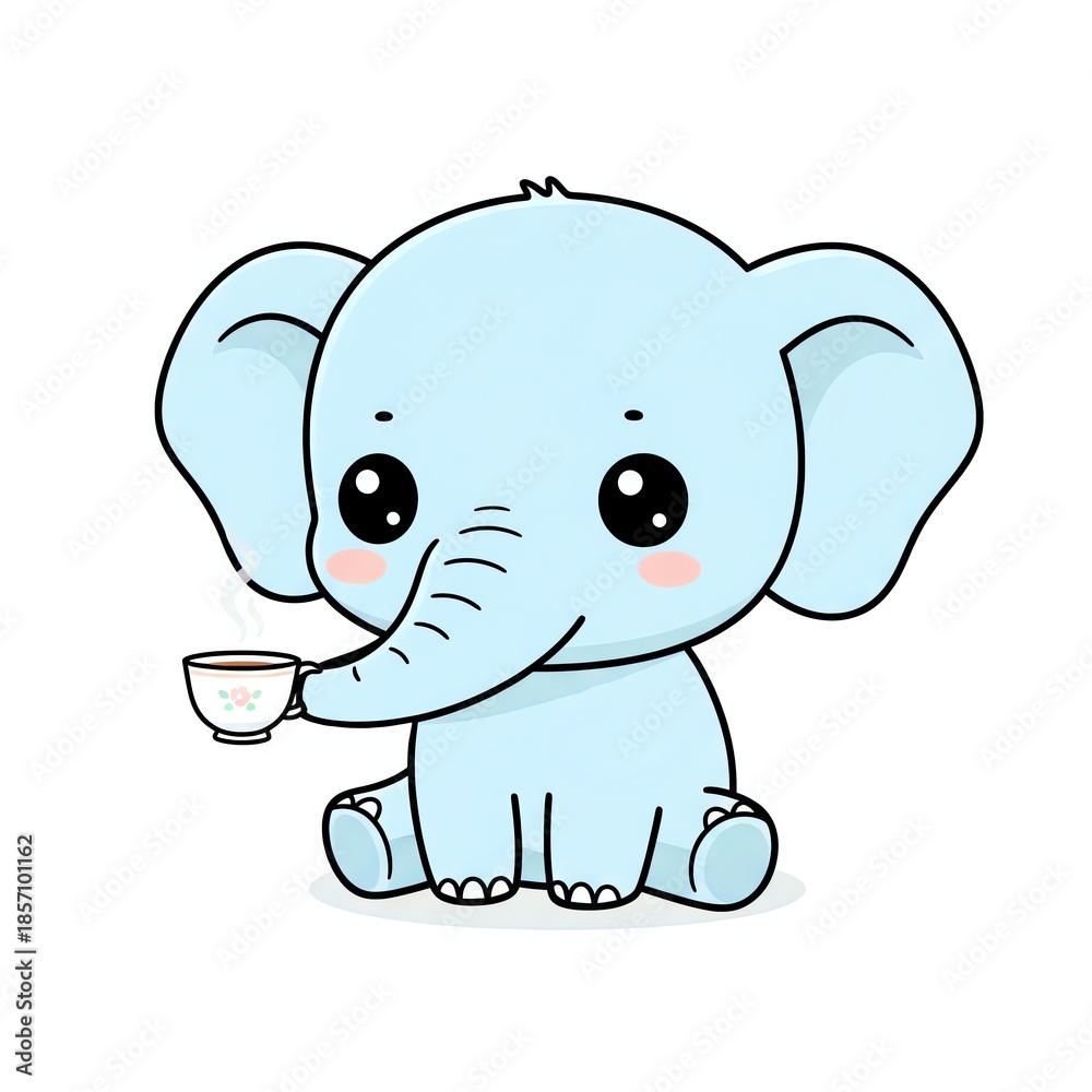 Naklejka premium Cute Baby Elephant Holding a Teacup.