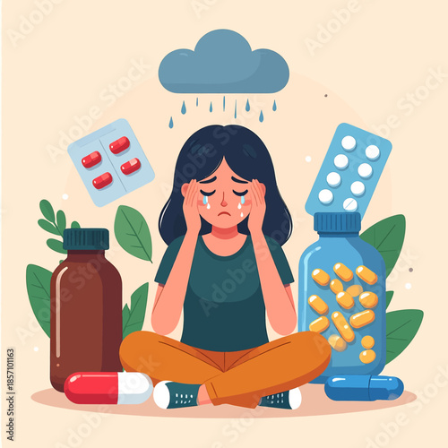 A distressed young woman sits surrounded by various medications, crying under a rain cloud, symbolizing mental health struggles and reliance on pharmaceuticals.